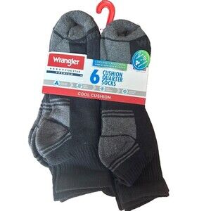Wrangler Essential Cool Comfort Mens Quarter Crew Sock, Black 6-12, 6-Pack New